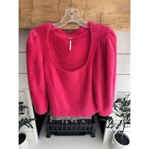 FREE PEOPLE MOONBEAM SWEATER Pink Eyelash Size M Puff Sleeve